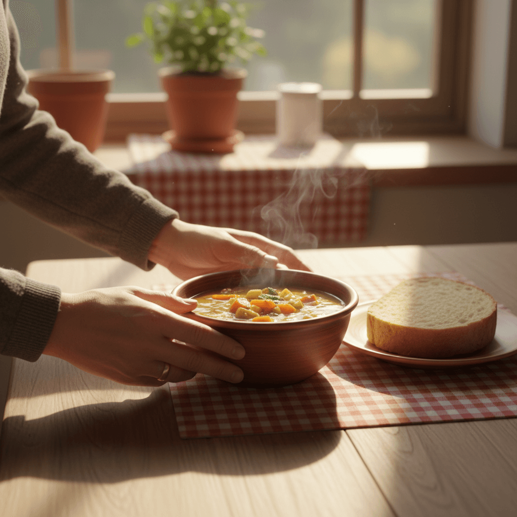 Caregiver placing a bowl of homemade soup on a kitchen table