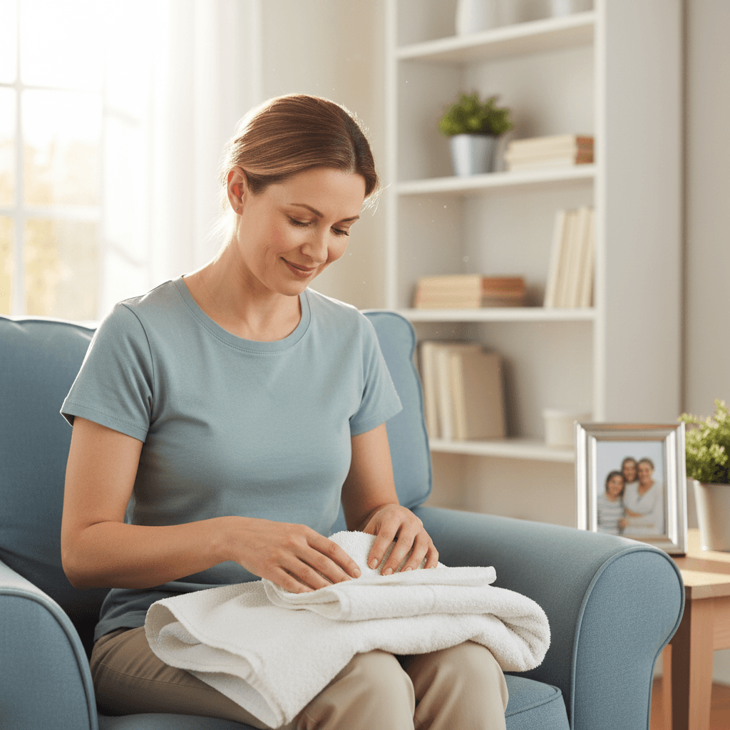 Caregiver folding laundry on an armchair in a clean living room