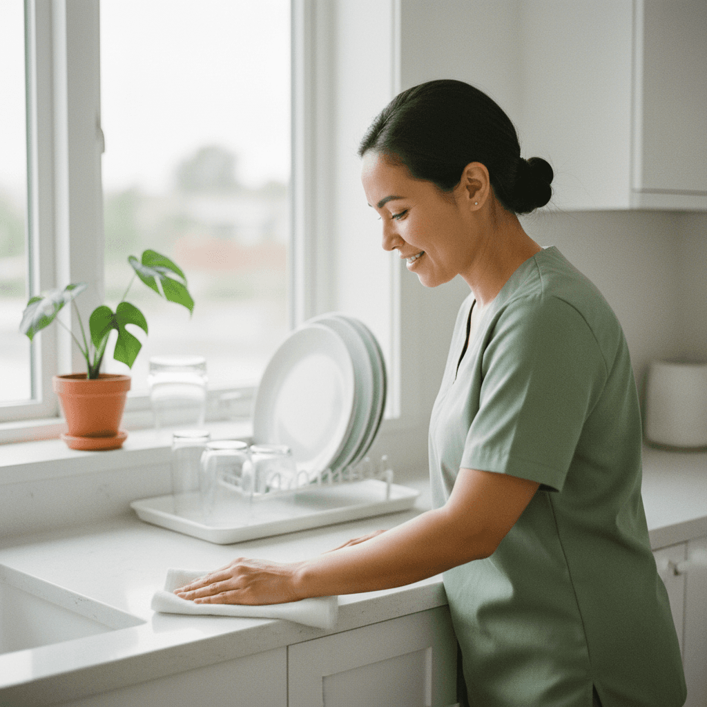 Caregiver wiping down a kitchen counter in a tidy home