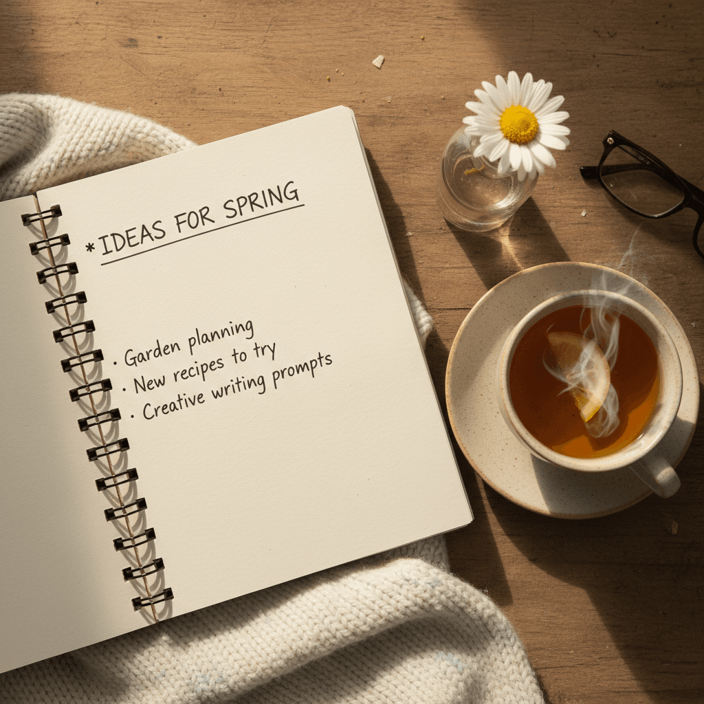 Notebook and tea on a table