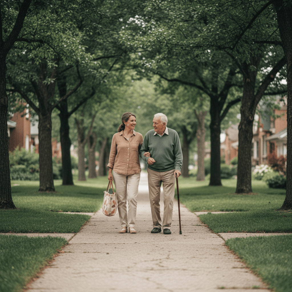 Caregiver and senior walking together down a tree-lined Edmonton street