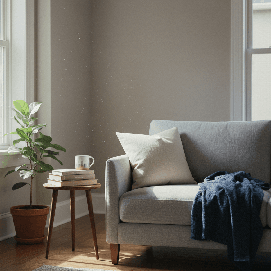 Tidy, sunlit living room with fluffed pillows and fresh linens