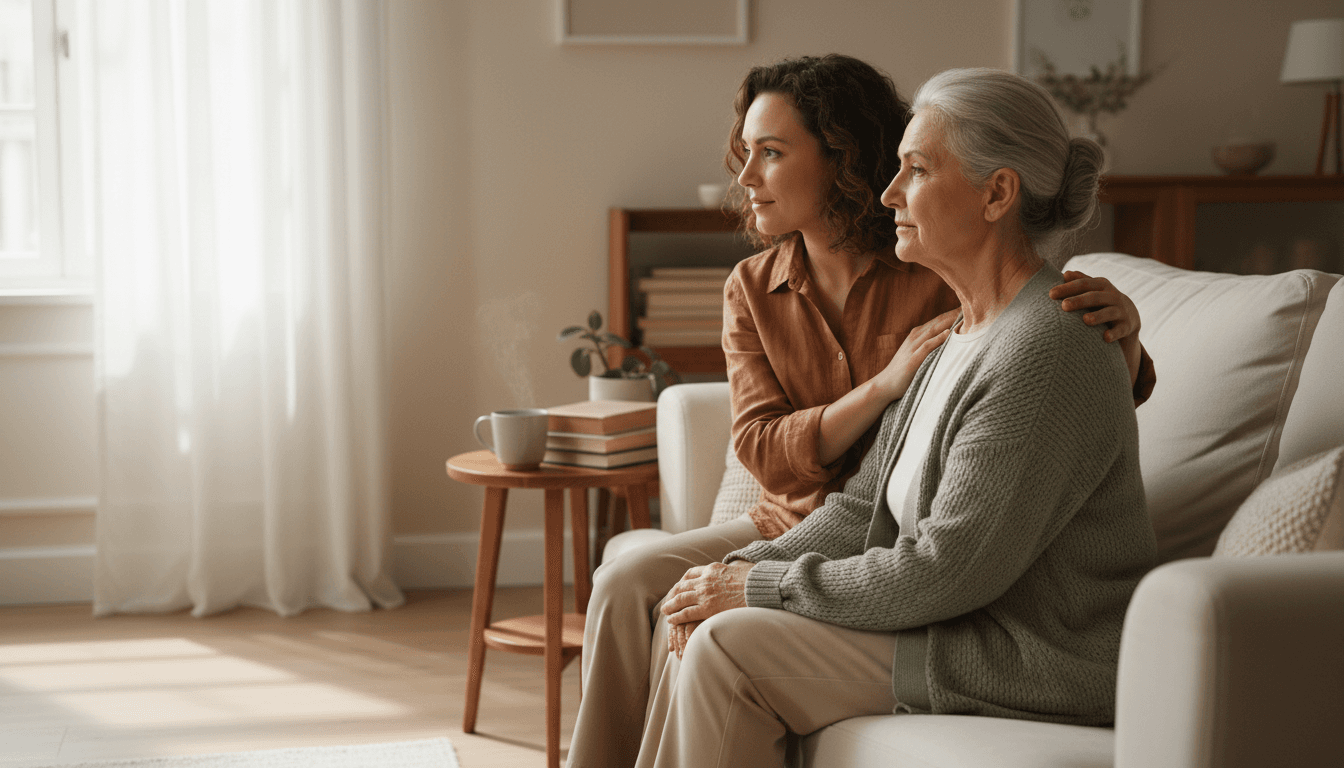 A caregiver carefully listens to a senior woman in her home, warm natural light filling the room