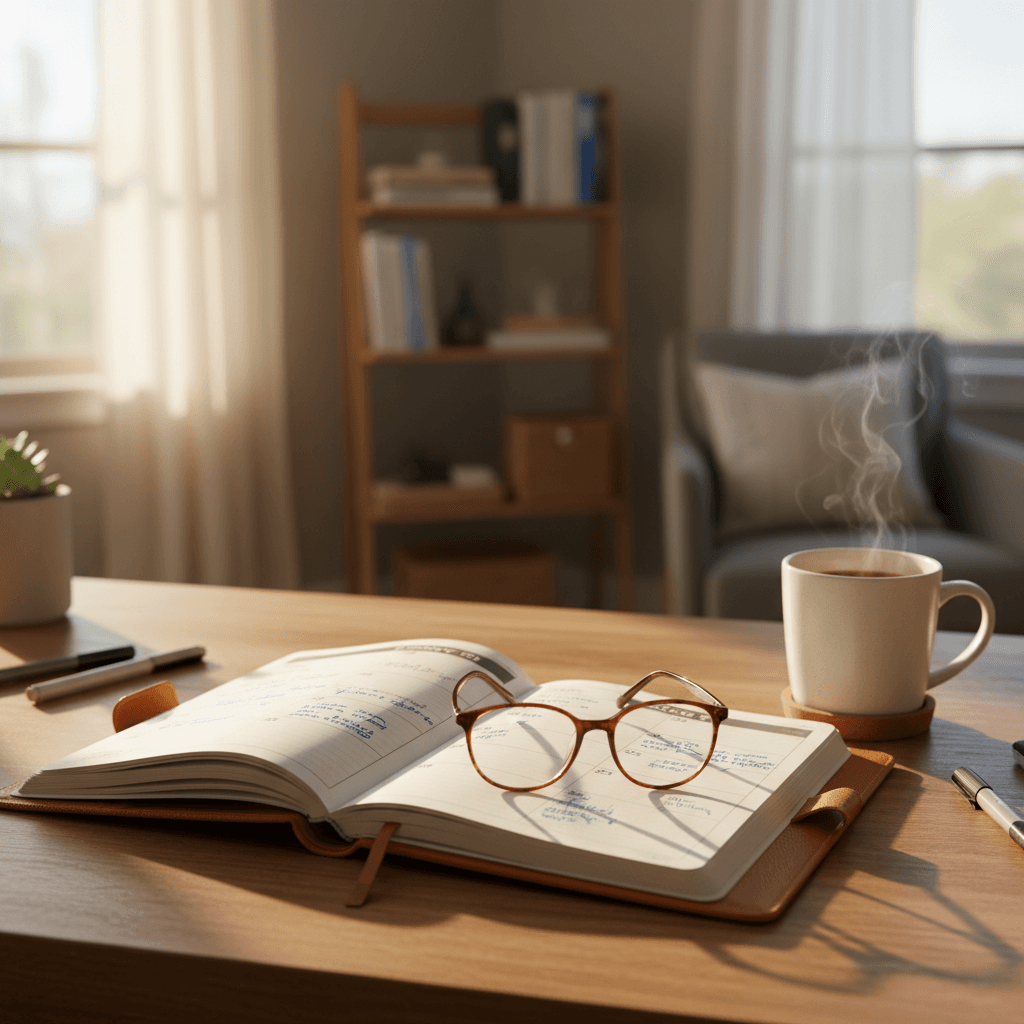 Open planner on a wooden desk