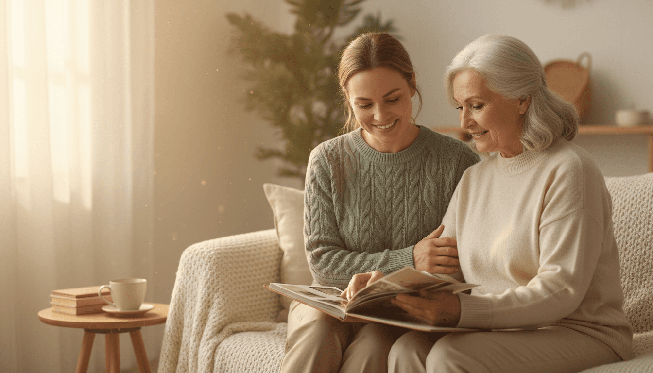 Caregiver sitting beside senior woman on a couch, both looking at a photo album together in a cozy living room