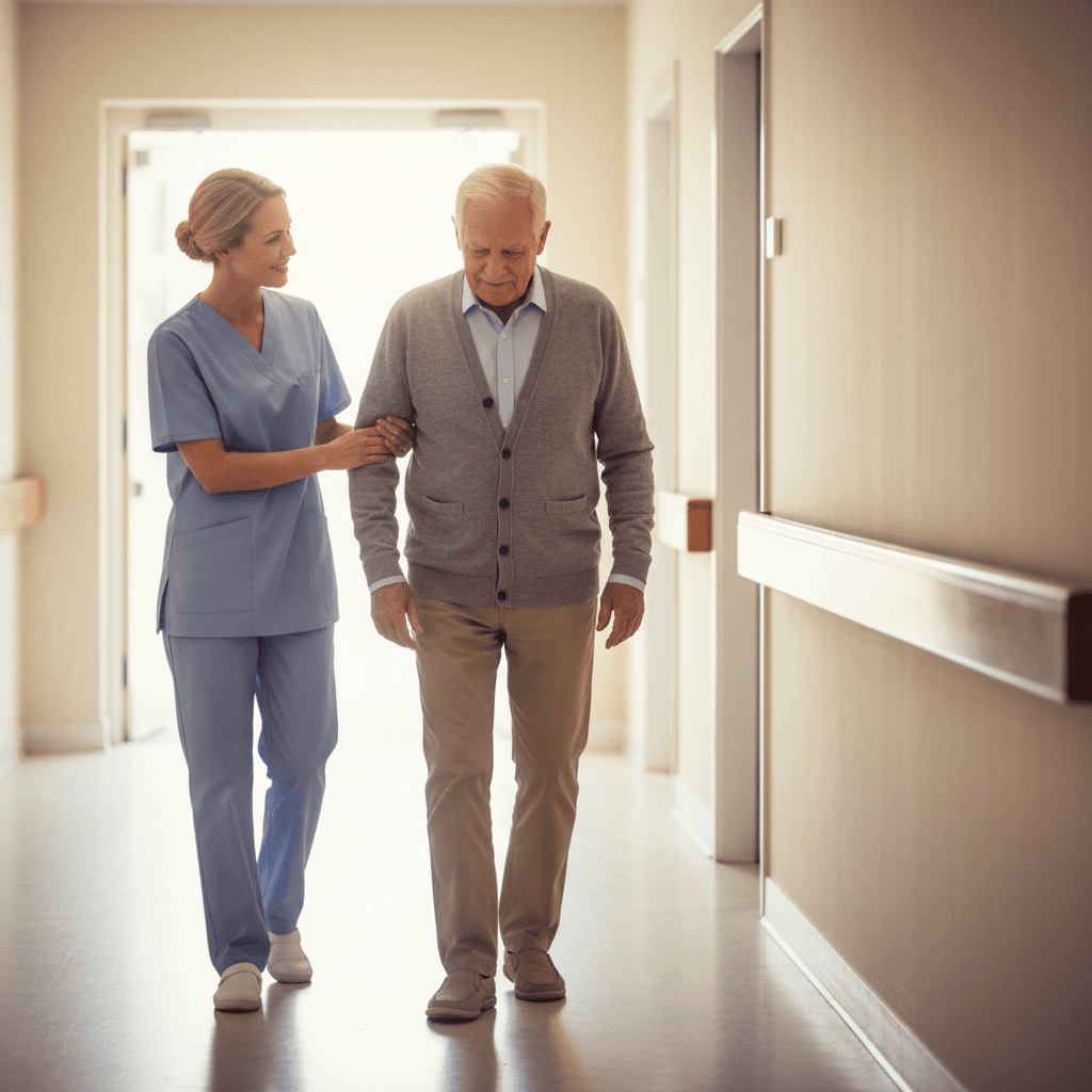 Caregiver supporting a senior man as they walk down a hallway