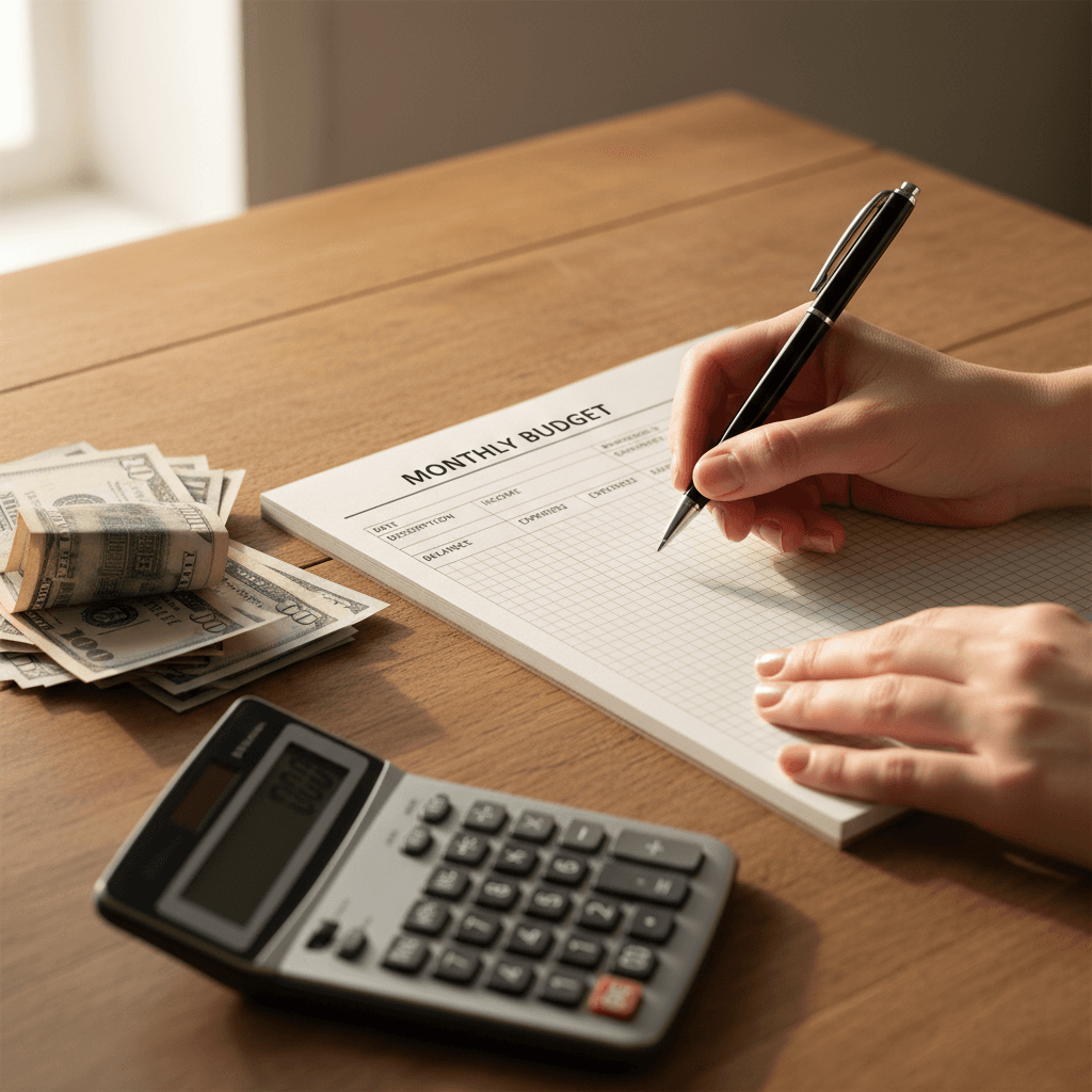Hands managing a budget notebook with a calculator