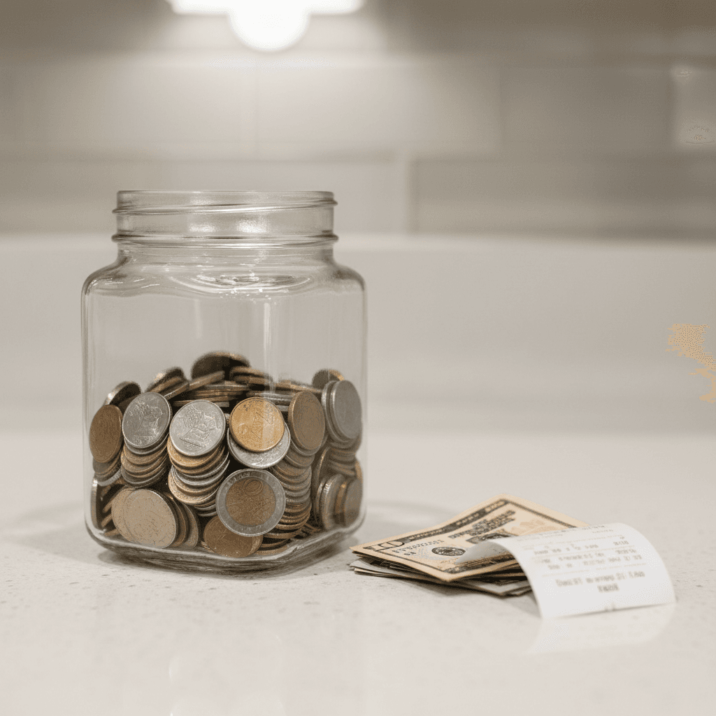 Coins and cash next to a receipt