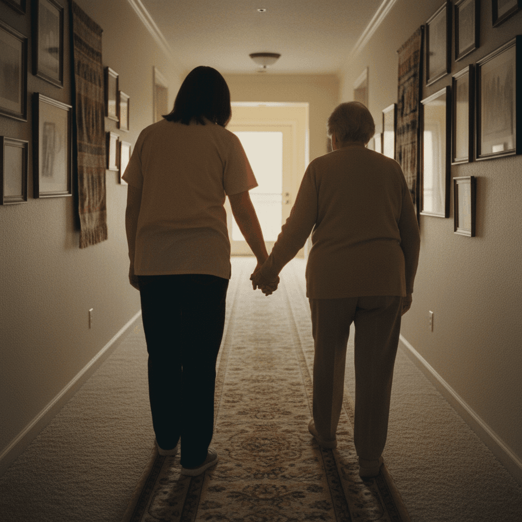 Caregiver and elderly person walking arm-in-arm down a cozy hallway