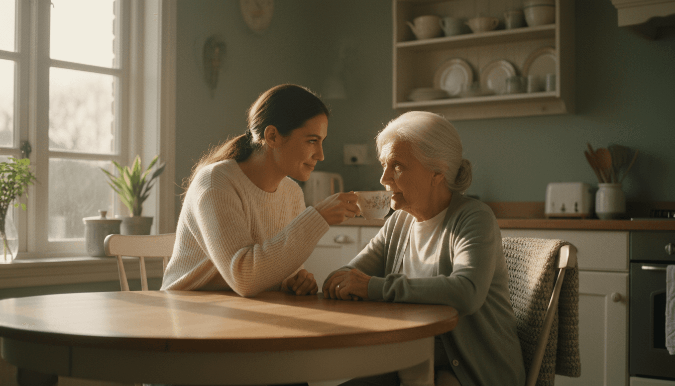Caregiver and senior woman sharing tea at a kitchen table in a warm, sunlit home