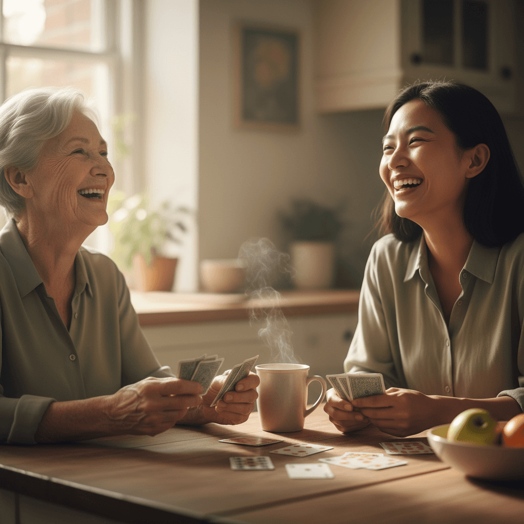 Elderly woman and caregiver playing cards at a kitchen table, laughing together