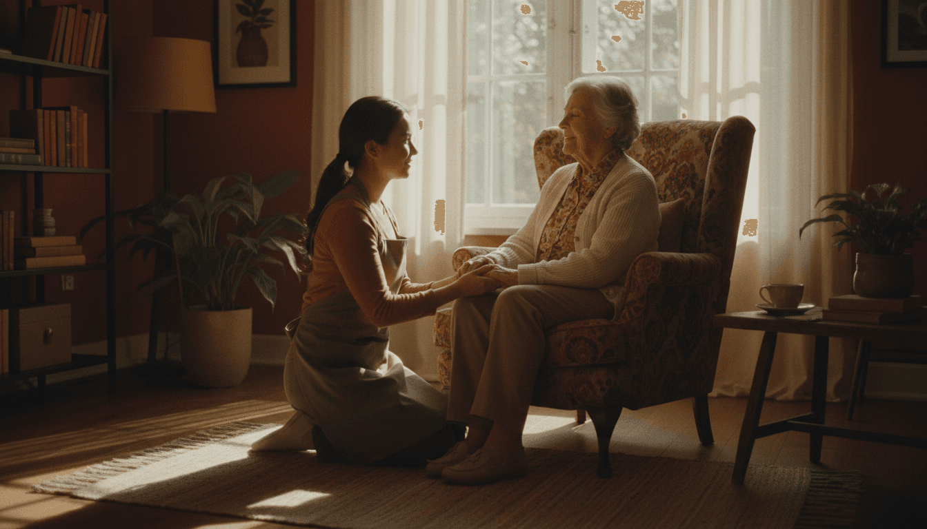Caregiver kneeling beside an elderly woman in a sunlit living room, holding her hand in a calm moment