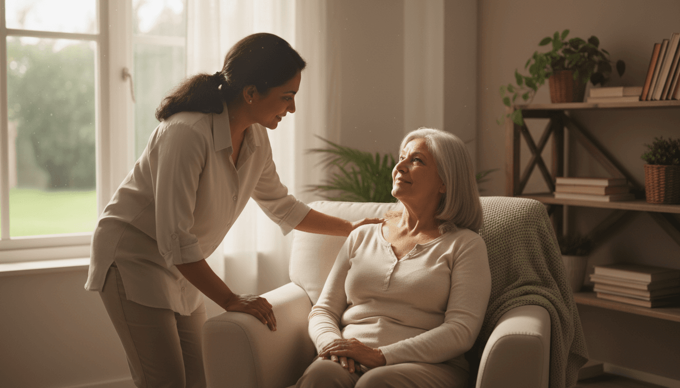Female caregiver gently reassuring an elderly woman in a cozy Edmonton living room