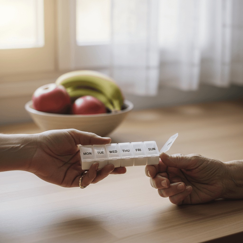 Caregiver gently offering a pill organizer to an elderly person