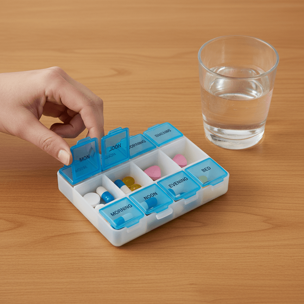 Weekly pill organizer with a hand opening a compartment