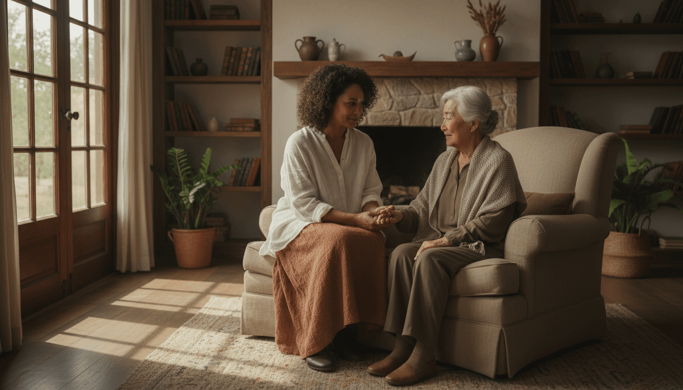 Caregiver gently holding the hand of an elderly woman in a cozy living room