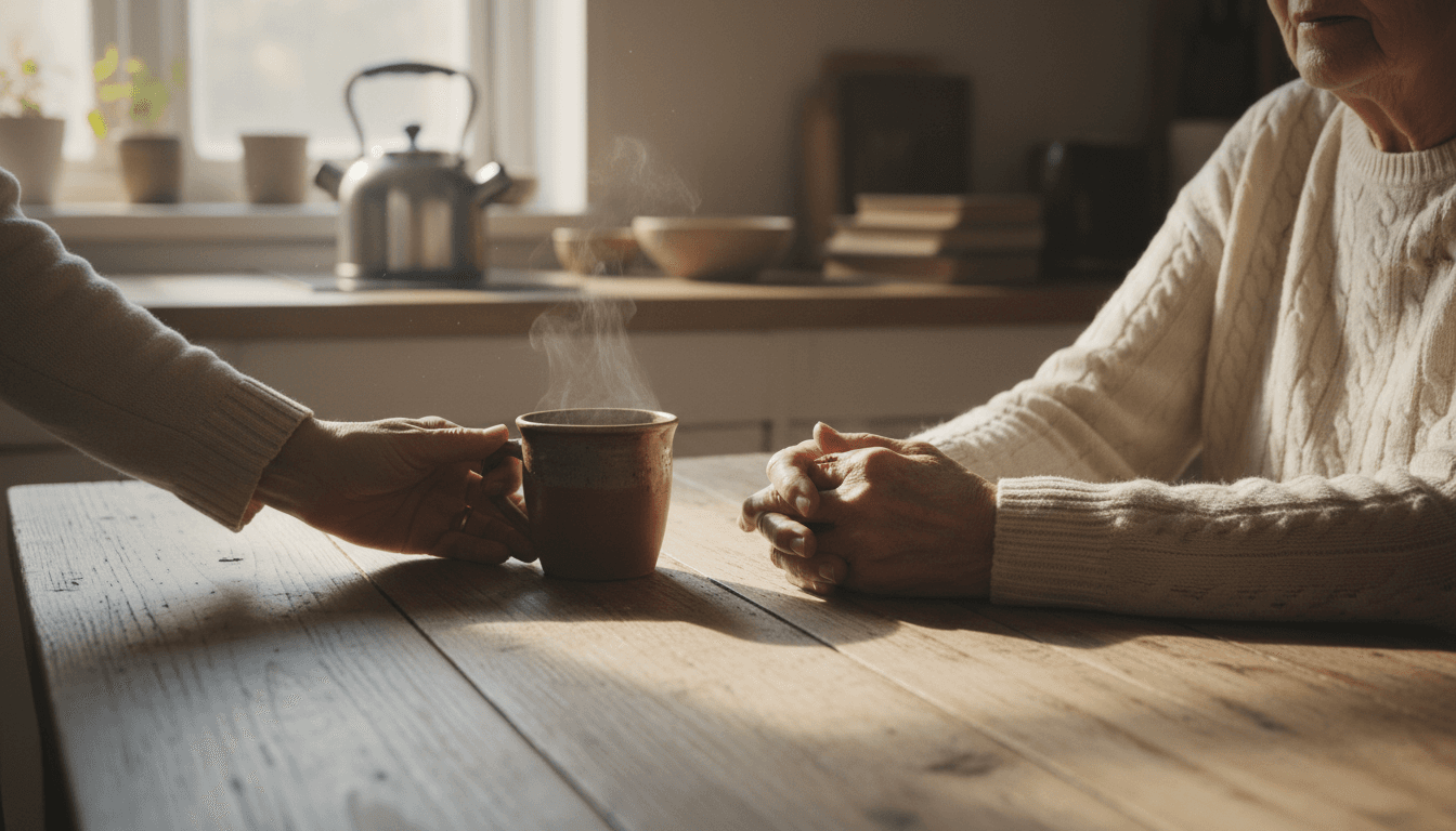 A caregiver carefully placing a warm mug of tea on a kitchen table for a senior, with sunlight streaming through the window.
