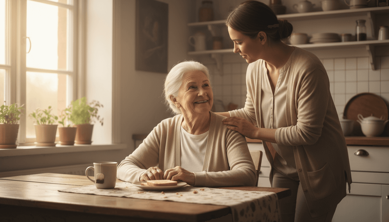 Caregiver offering a reassuring presence to an elderly woman at home