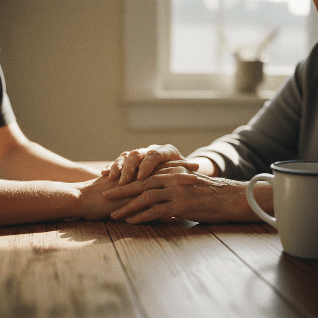 Caregiver holding elderly hand at table in a quiet Edmonton home