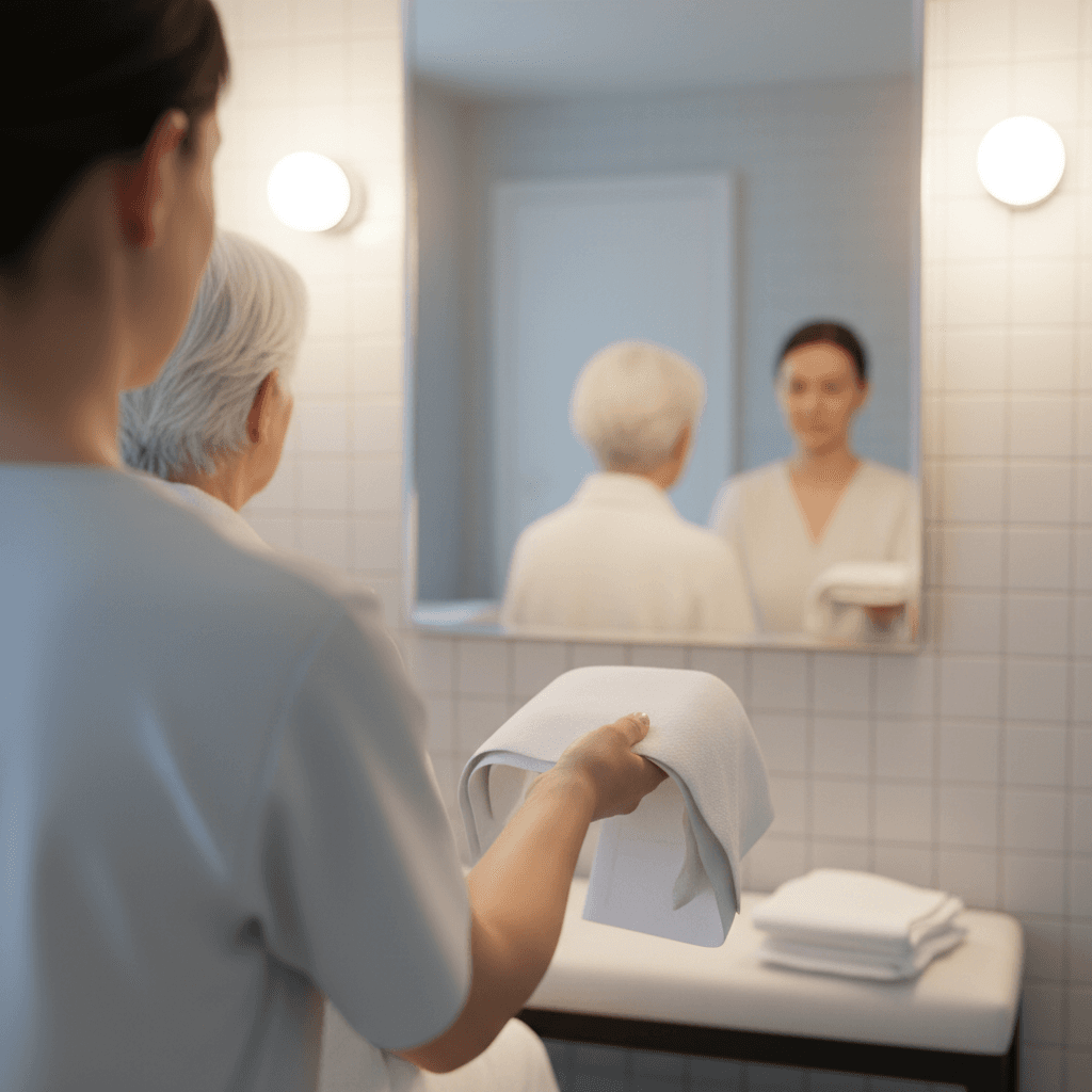 Caregiver handing a folded towel to a senior in front of a bathroom mirror