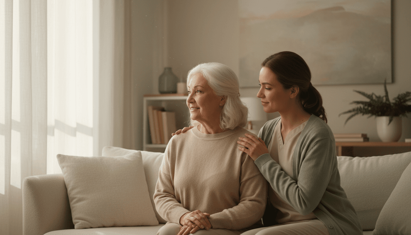 Caregiver sitting beside a senior on a couch, offering comfort and companionship in a sunlit living room