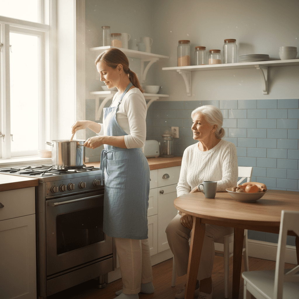 Caregiver preparing a meal in a home kitchen while the senior watches