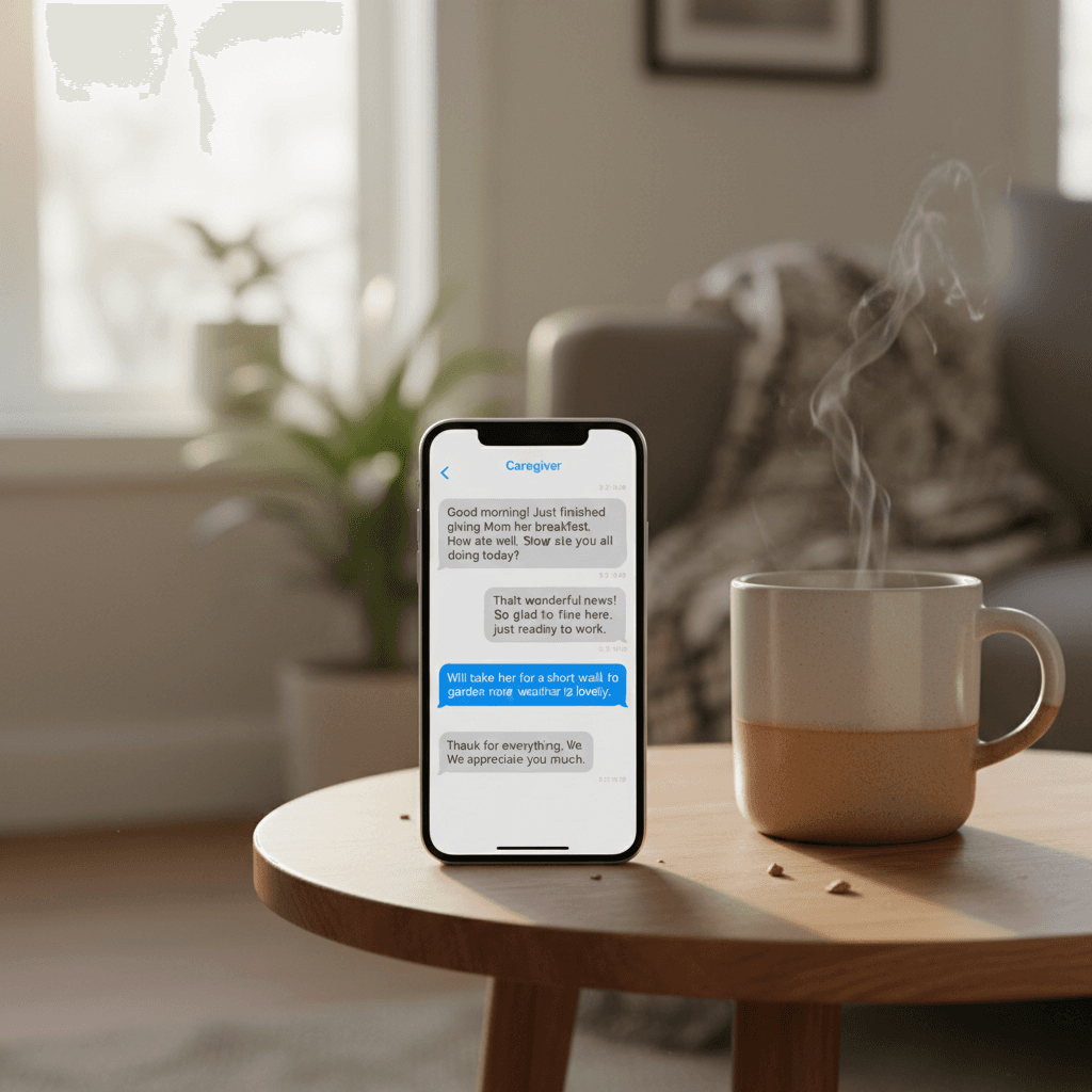 Smartphone showing a text update from a caregiver to a family member