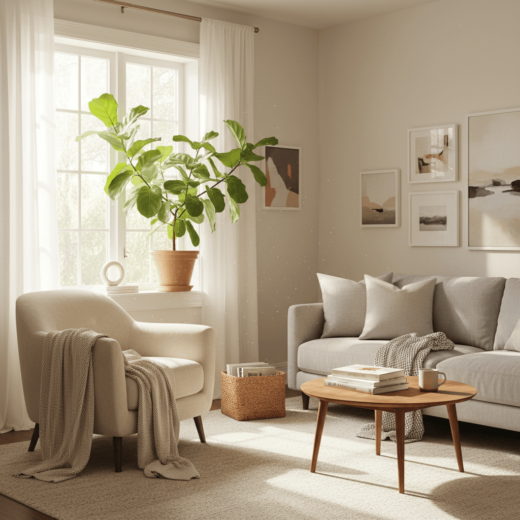 Cozy living room with sunlit armchair