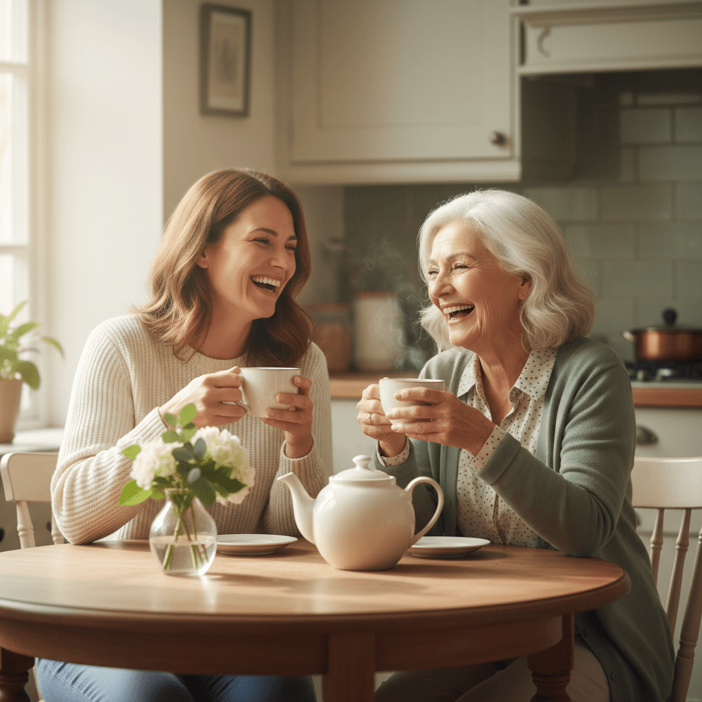 Caregiver sharing a laugh with a senior woman over tea at home
