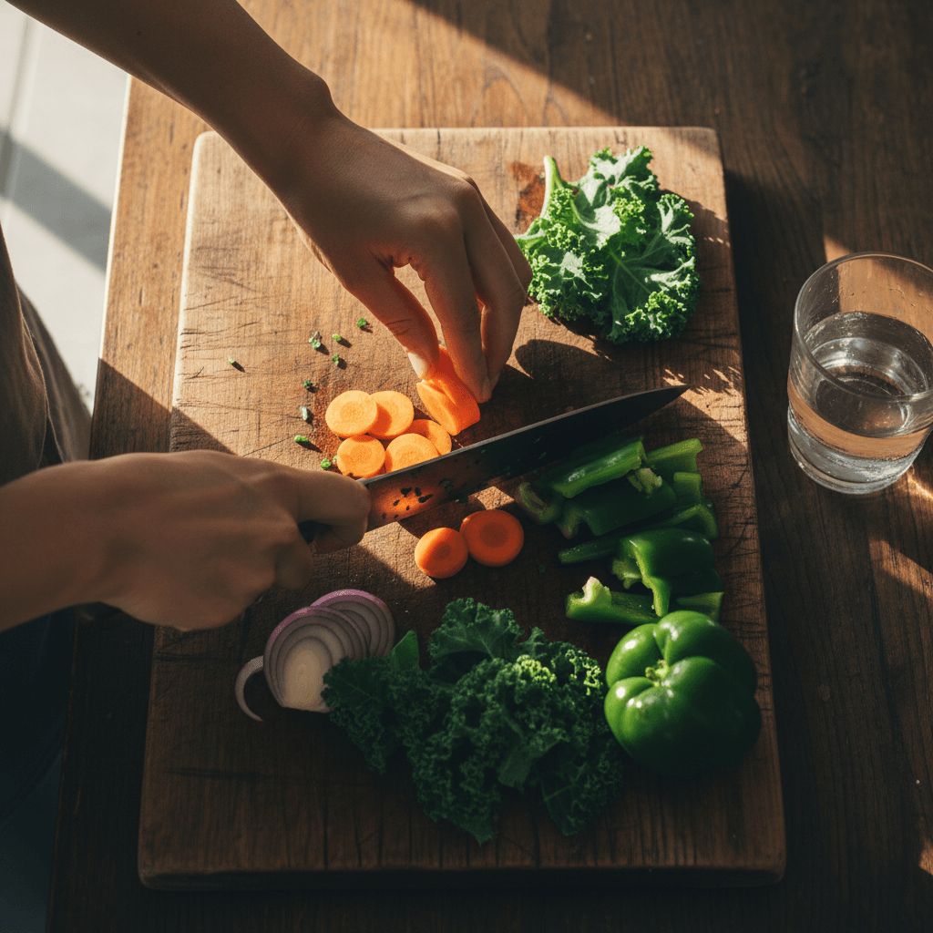 Fresh vegetables being chopped on a wooden cutting board in a home kitchen