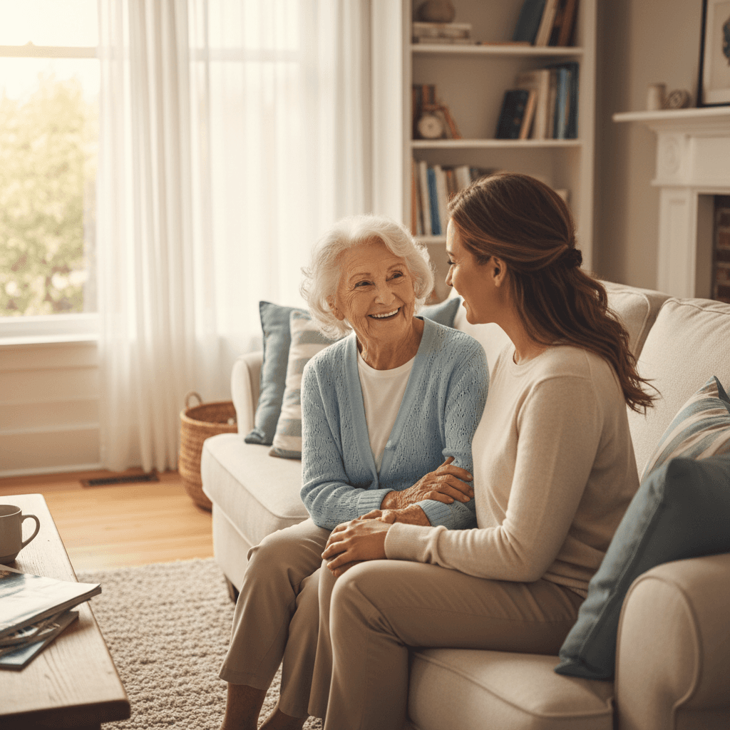 Elderly woman with her chosen caregiver, both smiling