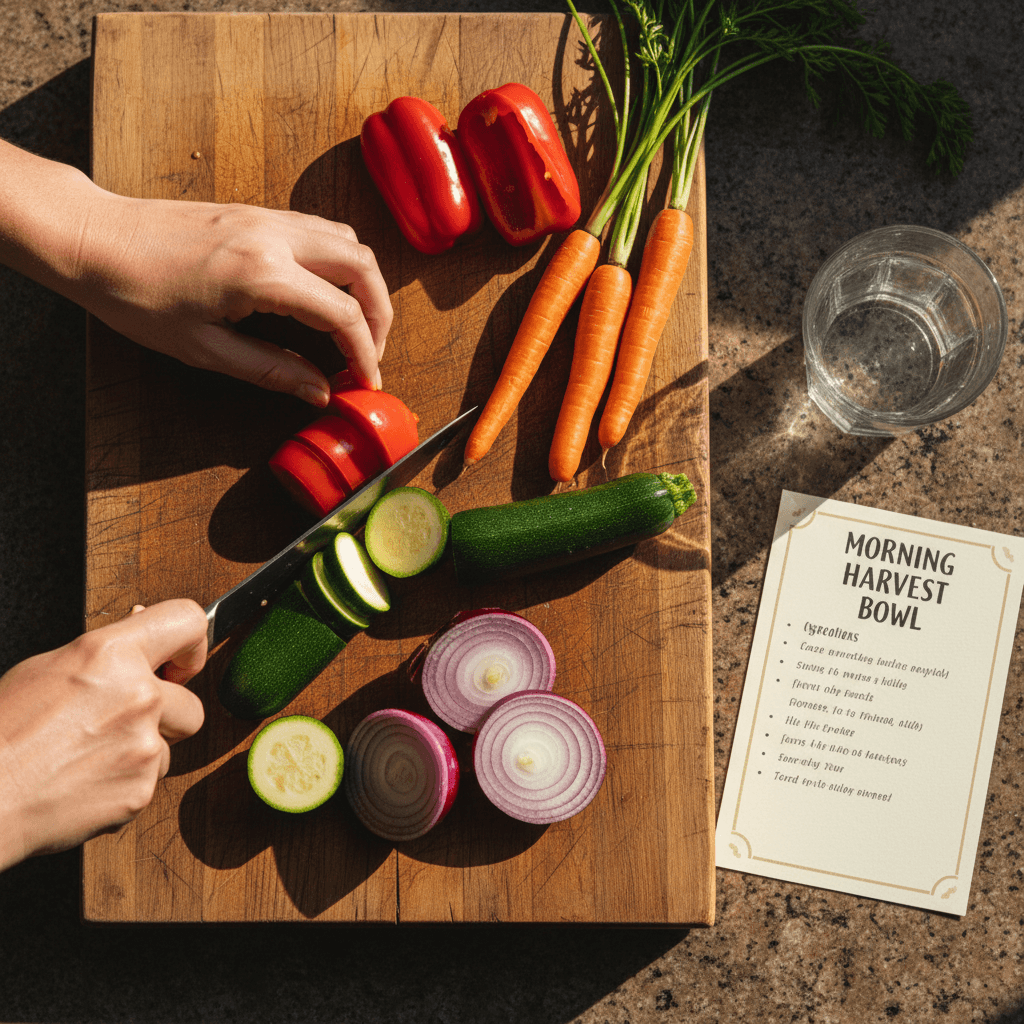 Hands preparing fresh vegetables on a wooden cutting board