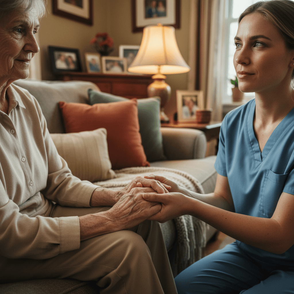 Caregiver holding senior's hand during home visit