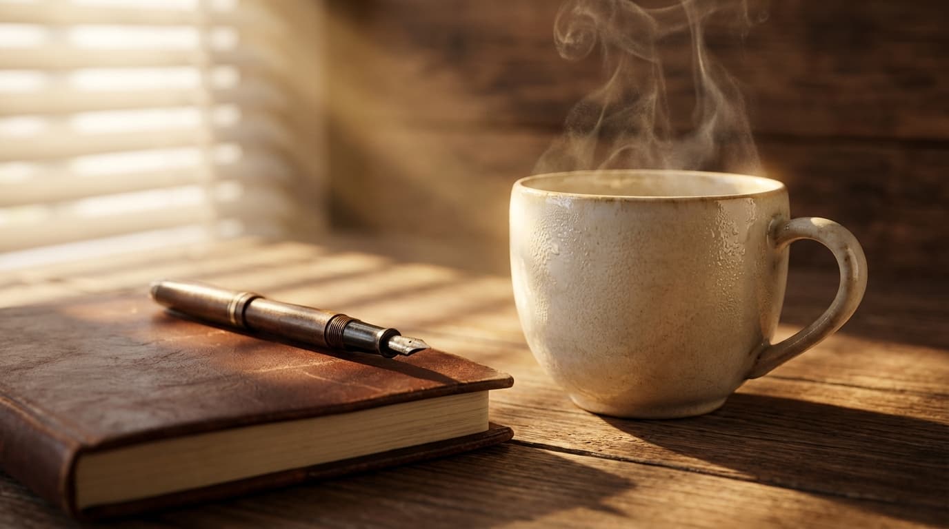 Calm, welcoming aesthetic overhead shot of two people's hands at a kitchen table with tea cups and paperwork between them.