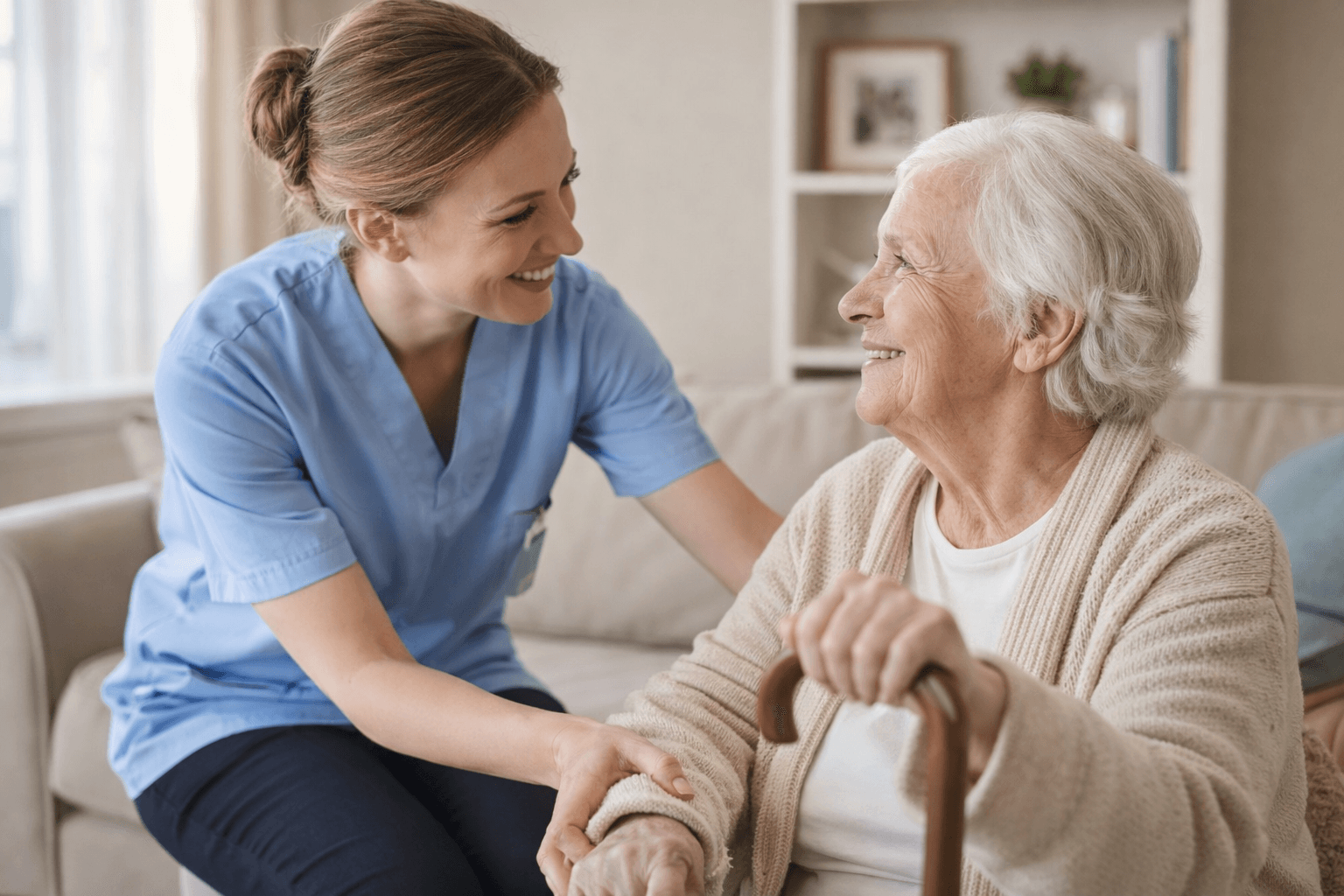 Smiling caregiver in blue scrubs supports an elderly woman holding a wooden walking cane.