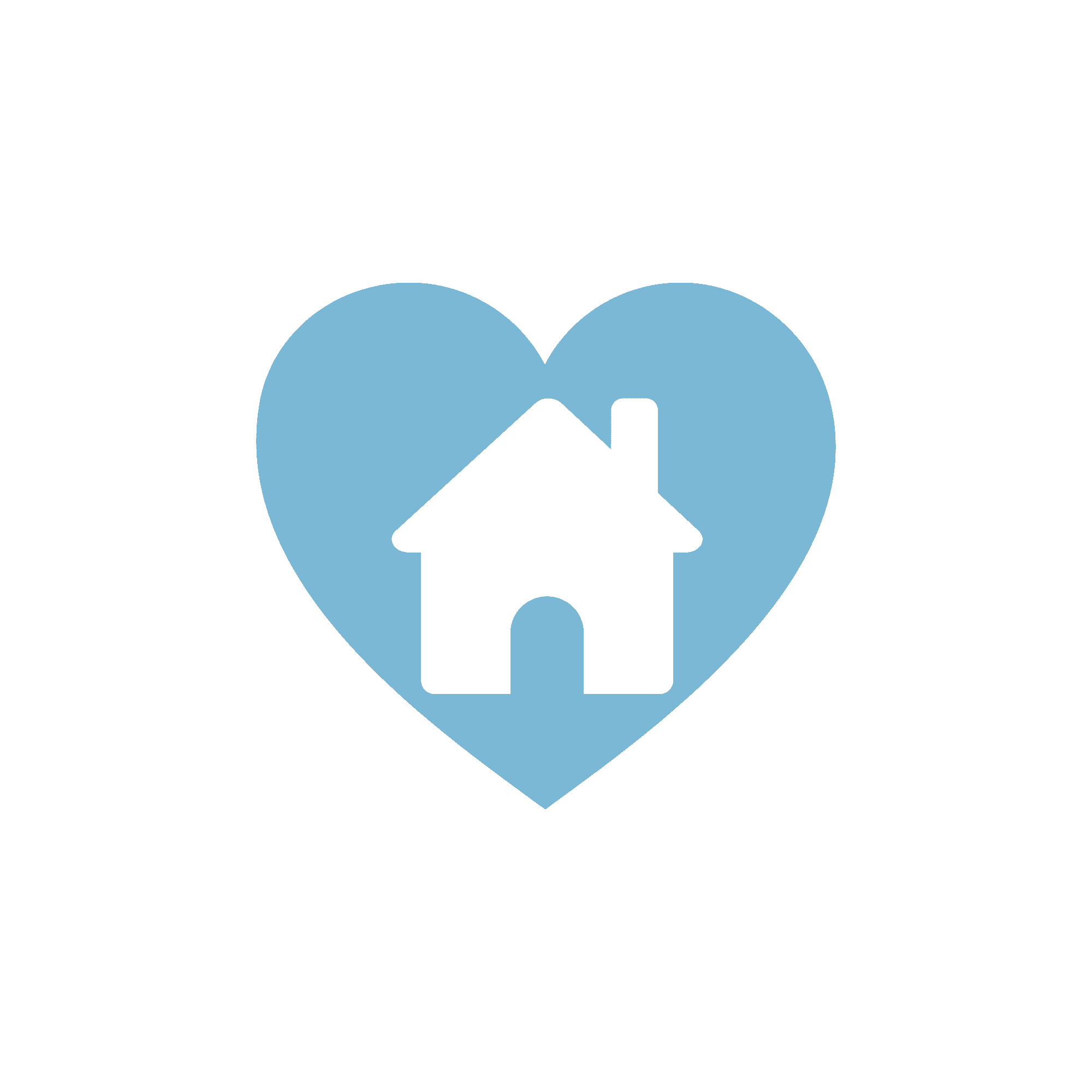 A light blue heart containing a white silhouette of a house with a small chimney.